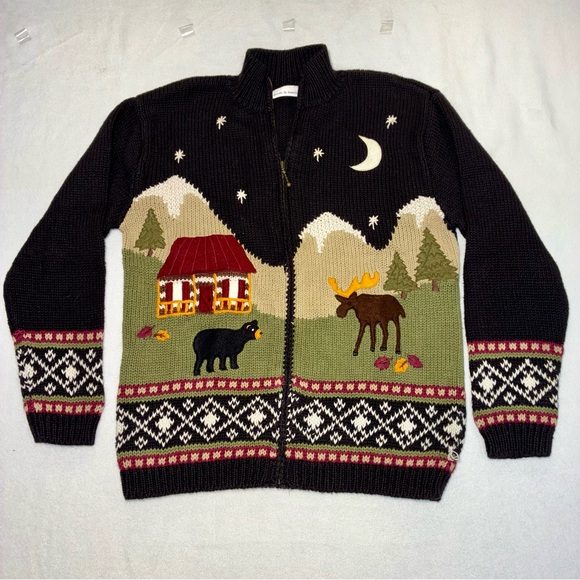 Croft & Barrow Vtg Bear Moose Cabin Scene Full Zip Knit Cardigan Sweater Medium - Picture 1 of 8